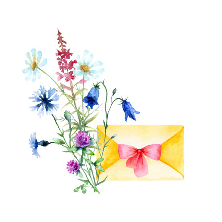 Watercolor vintage letter with pink bow and wild flowers isolated on a white background.の写真素材