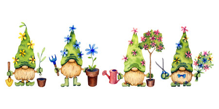 Watercolor set of garden gnomes isolated on a white background.の写真素材