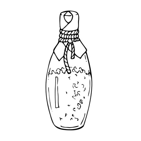 Vector hand drawn line illustration of a glass bottle with rose salt isolated on a white background.のイラスト素材