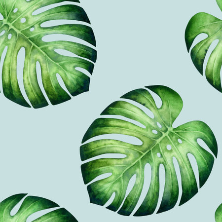 Watercolor monstera leaf seamless pattern isolated on a blue background.の写真素材