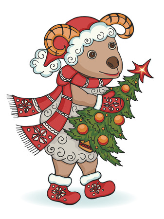 New year ram with Christmas tree. Symbol of New year 2015.のイラスト素材