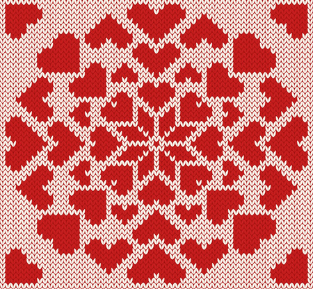 Knitted northern seamless pattern. Red and white background decorated hearts.のイラスト素材