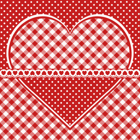 Greeting card with checkered heart. Red and white background with  polka dots decoration.のイラスト素材