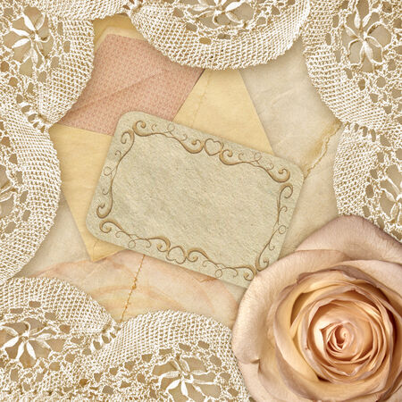 Rose and vintage lace. Beautiful background. Greetings card.の写真素材