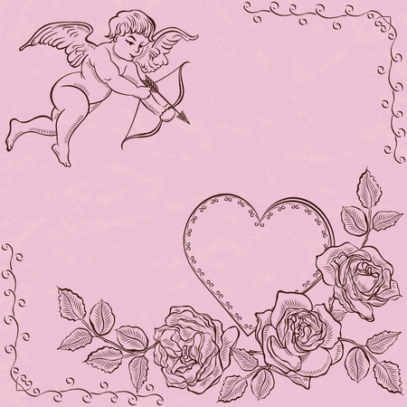 Cupid and heart with roses flowers. Valentine background. Vintage pink paper with ornament.のイラスト素材