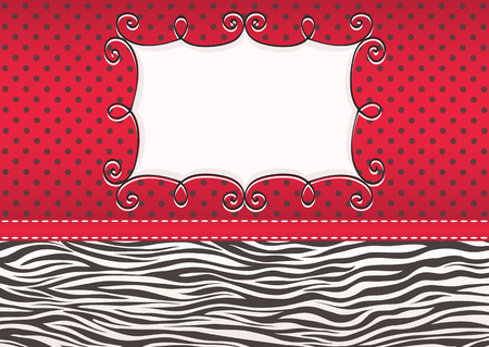 Zebra texture and dotted background with frame. Vintage card with animal pattern. Vector illustration.のイラスト素材