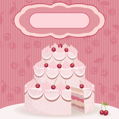 Cake with cherry. Greeting vintage card.のイラスト素材