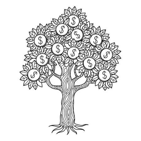 Money tree coloring page. Black and white vector illustration.のイラスト素材