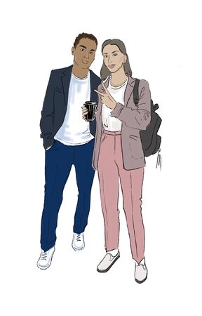 smiling man and woman with a drink in hand shows a peace sign illustration for decor and moodの写真素材