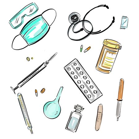 illustration collage image of medical supplies on a white background for decorationの写真素材