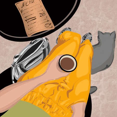 still life in a cafe cup with a drink in hand bright trousers cat table and menu top view illustrationの写真素材