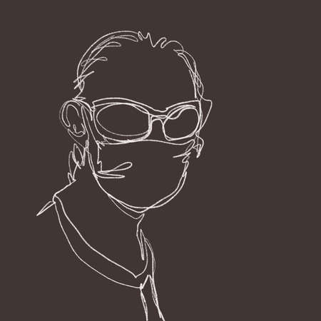 stylish drawing monoline white on a dark background man in a protective mask and glasses illustrationの写真素材