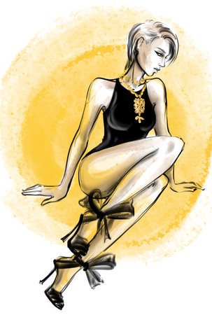 fashionable fashion art illustration of a beautiful rich woman with short hair in a beautiful swimsuit and accessories in a sitting position. High qualityの写真素材