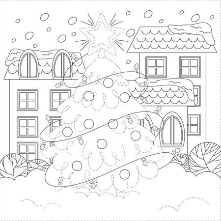 children's developing game. connect the dots. coloring. Christmas decorated fir tree standing in the snow.のイラスト素材