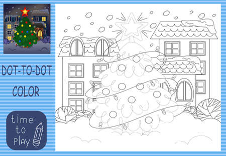 children's developing game. connect the dots. coloring. Christmas decorated fir tree standing in the snow.のイラスト素材
