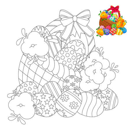 children's coloring book. developing game. basket with colored eggs and flowers.のイラスト素材