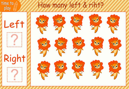 children's educational game, tasks. which way the animal is facing. animals. lion, cow, goat, horse, donkey, cat.のイラスト素材