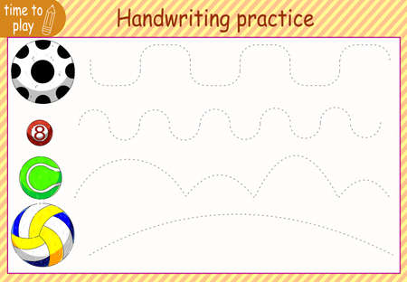 children's educational game, tasks. handwriting training. circle the lines. fun balls. basketball, volleyball, tennis, rugby, bowling.のイラスト素材