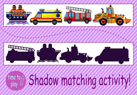 children's educational game, tasks. find the correct shadow. cars, tractor, ship, ambulance, fire truck, police car.のイラスト素材