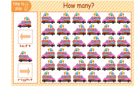 children's educational game, tasks. count how many objects will be put on the right and how many on the left. cars, tractor, ship, ambulance, fire truck, police car.のイラスト素材
