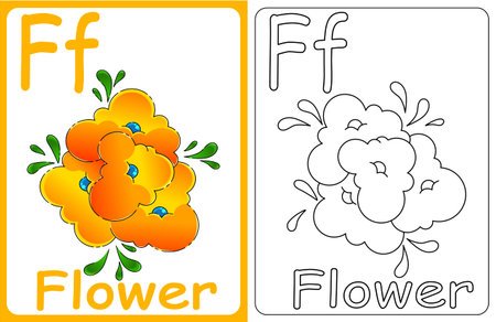 Kids ABC cards. Letter study set, english alphabet with food, animals and fairy tale characters cartoon.coloring book. Letter Ffのイラスト素材