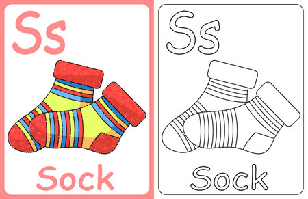 Children's cards with the alphabet. A set for learning letters, the English alphabet with food, animals and fairy-tale cartoon characters. coloring book. The letter Ssのイラスト素材