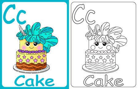 Kids ABC cards. Letter study set, english alphabet with food, animals and fairy tale characters cartoon.coloring book. Letter CCのイラスト素材