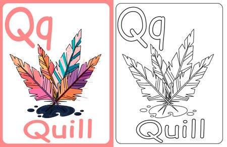 Kids ABC cards. Letter study set, english alphabet with food, animals and fairy tale characters cartoon.coloring book. Letter Qqのイラスト素材