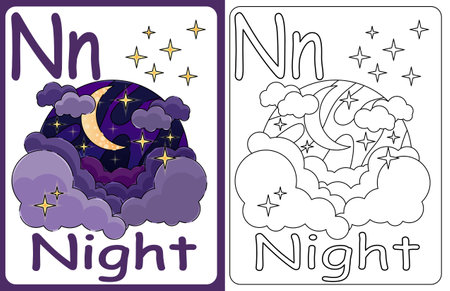 Kids ABC cards. Letter study set, english alphabet with food, animals and fairy tale characters cartoon.coloring book. Letter Nnのイラスト素材