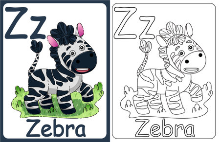 Kids ABC cards. Letter study set, english alphabet with food, animals and fairy tale characters cartoon.coloring book. LetterZzのイラスト素材