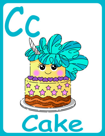 <p>Kids ABC cards. Letter study set, english alphabet with food, animals and fairy tale characters cartoon.coloring book. Letter Cc</p>のイラスト素材