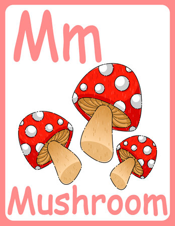 <p>Kids ABC cards. Letter study set, english alphabet with food, animals and fairy tale characters cartoon.coloring book. Letter mm</p>のイラスト素材