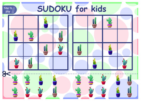 Solve the sudoku puzzle. Logic puzzle for kids. Education game for kids. Worksheet vector design for students. cactusのイラスト素材