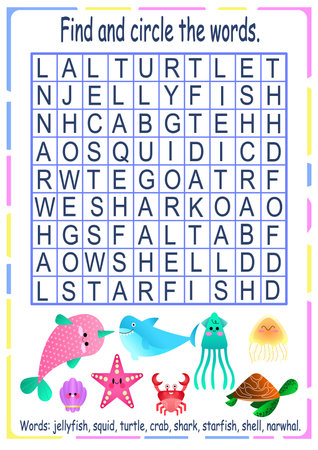 word search puzzle game vector worksheet. Kids quiz square grid with English alphabet letters, kids education crossword with find hidden words taskのイラスト素材