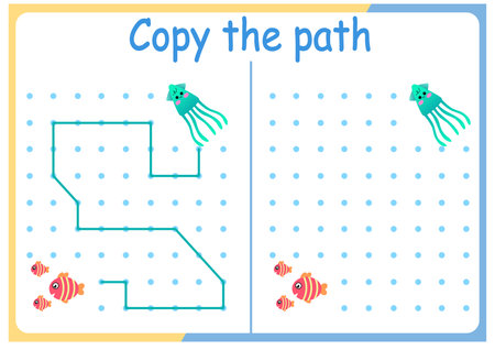 Cute Animals activities for kids. Copy the path. Logic games for children. Vector illustration. Book square format.のイラスト素材