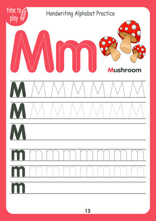Handwriting workbook for children. Worksheets for learning letters. Activity book for kids. Educational pages for preschool. Letter Mのイラスト素材
