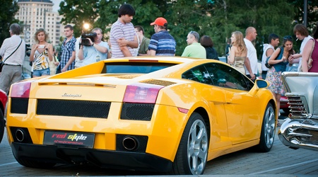 MOSCOW, RUSSIA-JULY 31: Yellow Lamborghini on exhibition parking at an annual event, the VI race of vintage cars 'Night Moscow Classic Rally'. July 31, 2010 in Moscow, Russiaのeditorial素材