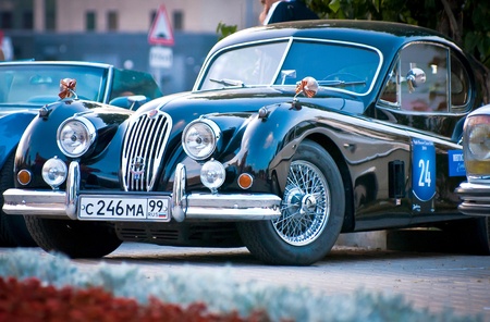 MOSCOW - JULY 31: Black Jaguar XK120 Classic on exhibition parking at an annual event the VI race of vintage cars 'Night Moscow Classic Rally'. July 31, 2010 in Moscow, Russiaのeditorial素材
