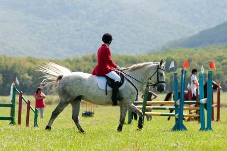 ARSENEV, RUSSIA - SEPTEMBER 03:  Unidentified rider in action rides horse show jumps at the Riding show のeditorial素材