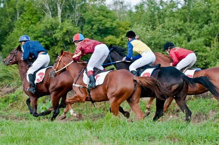 ARSENEV, RUSSIA - SEPTEMBER 03:  Unidentified riders race horses on Riding show "The Cup of the Governor of the Primorsky Territory, 2011" on Sept 03, 2011 in Arsenev, Russiaのeditorial素材
