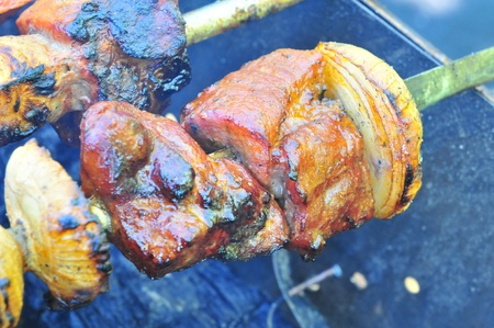 delicious meat on smoking grill in the gardenの写真素材