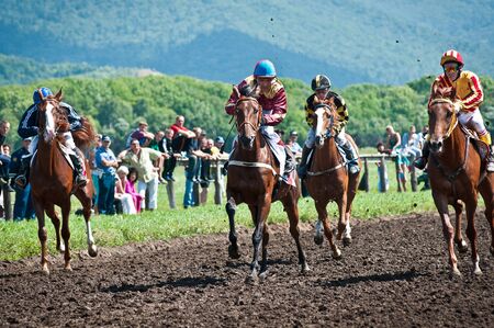 ARSENEV, RUSSIA - SEPTEMBER 03   Unidentified riders race horses on Riding show  The Cup of the Governor of the Primorsky Territory, 2011  on Sept 03, 2011 in Arsenev, Russiaのeditorial素材