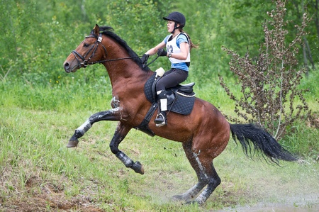 MOSCOW - JUNE 02  Unidentified rider on horse is overcomes the obstacle at the International Eventing Competition CCI3  2  1  Russian Cup Eventing June 02, 2012 in Moscow, Russiaの写真素材