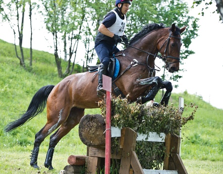 MOSCOW - JUNE 02  Unidentified rider on horse  Equestrian sport  Cross-coutry  Rider eventer on horse is overcomes the hurdle at the International Eventing Competition CCI3 2  1 Russian Cup Eventing June 02, 2012 in Moscow, Russiaのeditorial素材