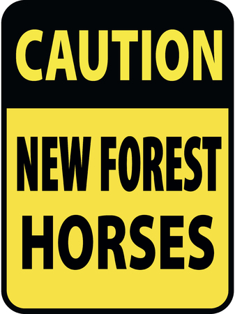 Vertical rectangular black and yellow warning sign of attention, prevention caution new forest horses.のイラスト素材