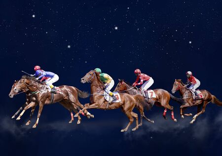 Four racing horses neck to neck in fierce competition for the finish line. Digital collageの写真素材