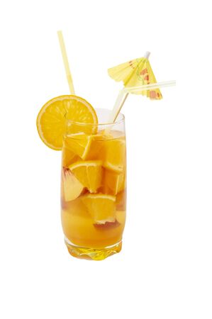 Orange cooler cocktail with drinking straw on white backgroundの写真素材