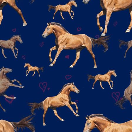Seamless pattern photo red horse with hearts on blue background creative illustration.の写真素材