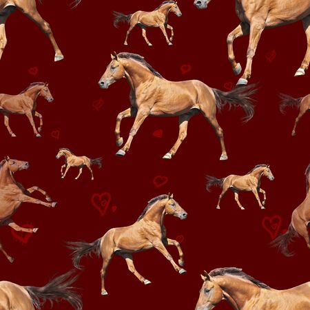 Seamless pattern photo red horse with hearts on red background creative illustration.の写真素材