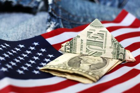 american dollars bills on flag background, financeの写真素材
